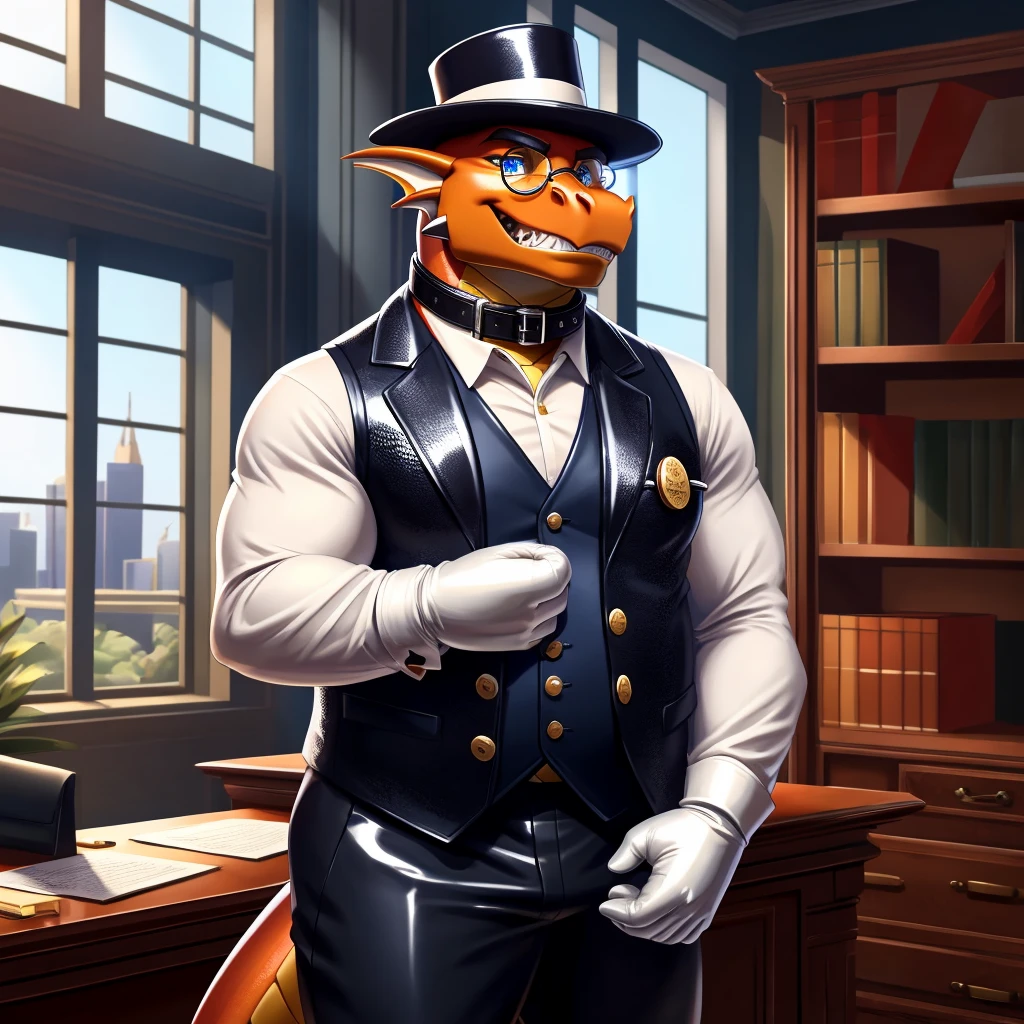 Solo, Male, fat, extremely obese, gentleman, dapper Professor Dragon, mob boss, blue eyes, (posing:1.3), (soft shading), 4k, hi res, ((detailed face, detailed)), looking at viewer, mouth wide open, dapper clothing, collared shirt with buttons, bowler hat, male focus, Explorer Outfit, glasses, monocle, vest with buttons, sleeves rolled up, round eyewear, brown headwear, brown vest, office, Dragon is wearing a glossy leather dog collar around the neck, Dragon is wearing the leather collar and shirt and vest at the same time, Dragon is wearing glossy white rubber gloves on the hands, wearing white rubber gloves on the feet, gloves are rubber in texture, clenching teeth, clenching fists, leather collar is glossy and shiny with a lot of detail, Dragon is wearing gloves and leather collar at the same time, leather collar has a round dog-tag, leather collar is thick and detailed, leather collar is glossy and shiny, fancy clothing, dapper vest, dapper shirt, leather collar is thick, glossy leather collar.