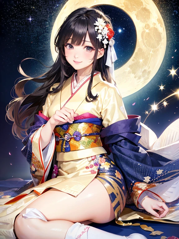 (Highest quality、 8k wallpaper、masterpiece、High resolution)、Vibrant colors、The Tale of the Bamboo Cutter、The Tale of Princess Kaguya、Elegant and beautiful woman with long black hair、Theara、A kind look、Smile on the lips、Traditional costumes of Japan、12 Single layer costume、whole body、Detailed Background、(Moso bamboo, starry sky and full moon)、Detailed digital art、