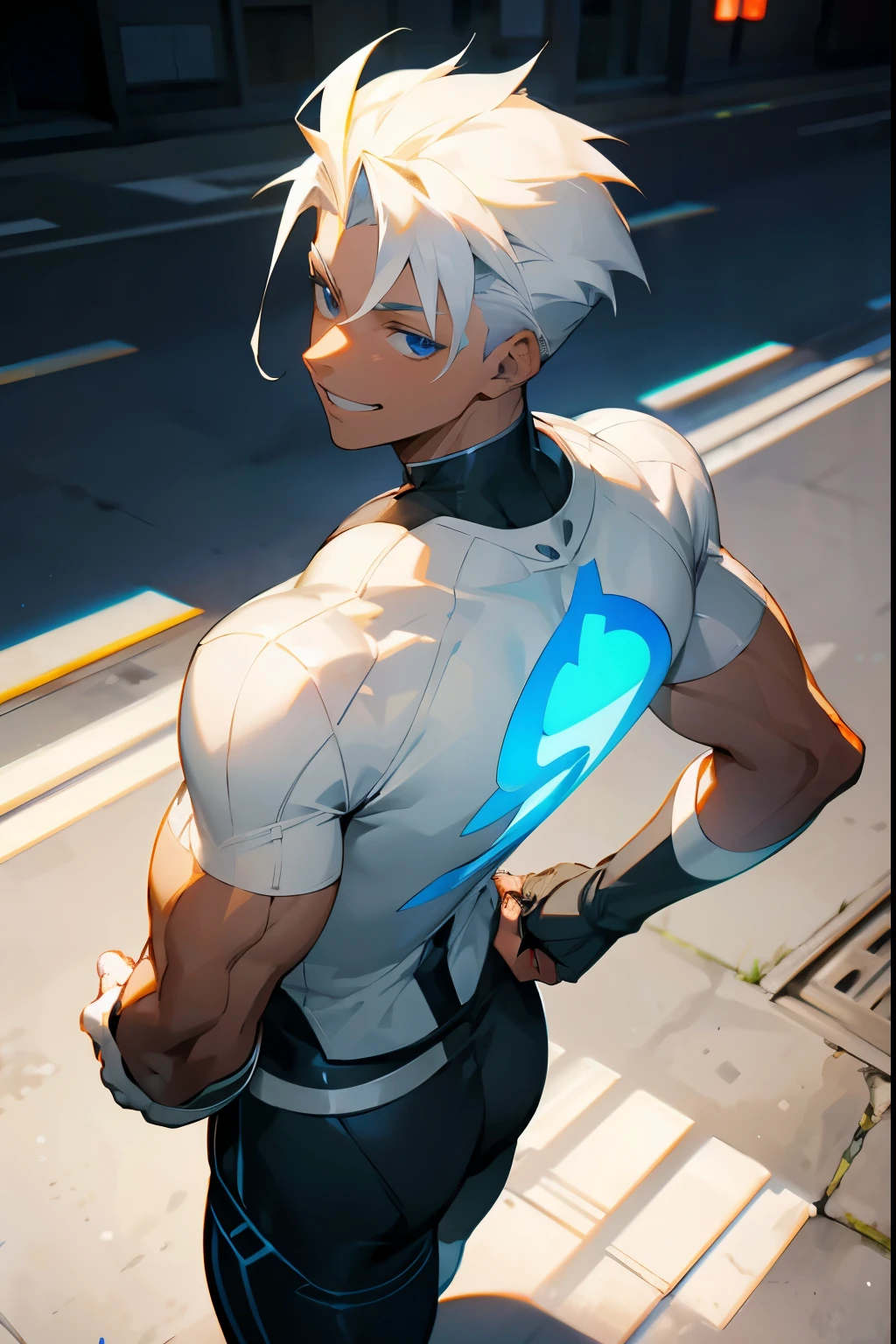 1male , Dark Skin , white hair , Pale Blue Eyes , Smiling Expression , Modern Undercut Hair , Standing on sidewalk , Adult Male , Muscular , Curly Hair , White Compression Shirt 