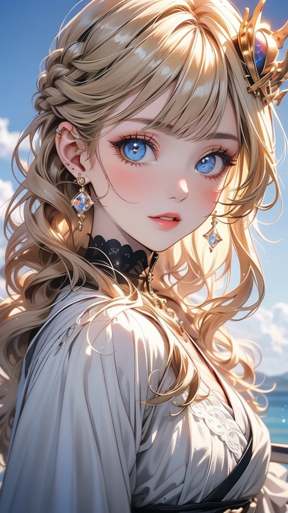 Woman in white dress, artwork in the style of Gwaiz, Gwaiz on pixiv artstation, Gwaiz on artstation pixiv, Gwaiz, Fantasy art style, Gwaiz masterpiece, Beautiful and elegant queen, Beautiful character drawings, Detailed digital anime art, Blonde Princess, Gray Hair, Sky blue eyes, Pink Lips,(Very delicate and beautiful face), (Beautiful eyes in every detail),