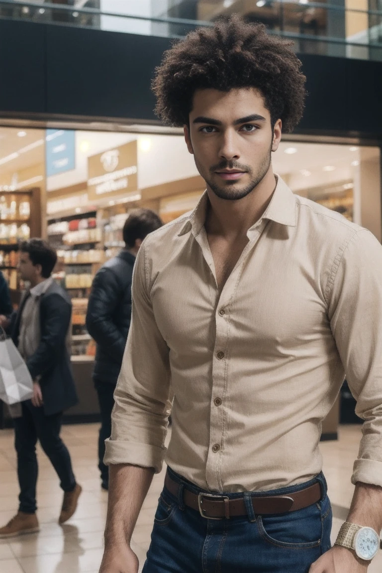 Portrait of handsome men ,shopping center , texturized skin, shiver, afro blonde hair, beige flannel shirt with jeans (erotic pose, sensual face8k hd, dslr, high qualiy , CRU photo, photography realistic