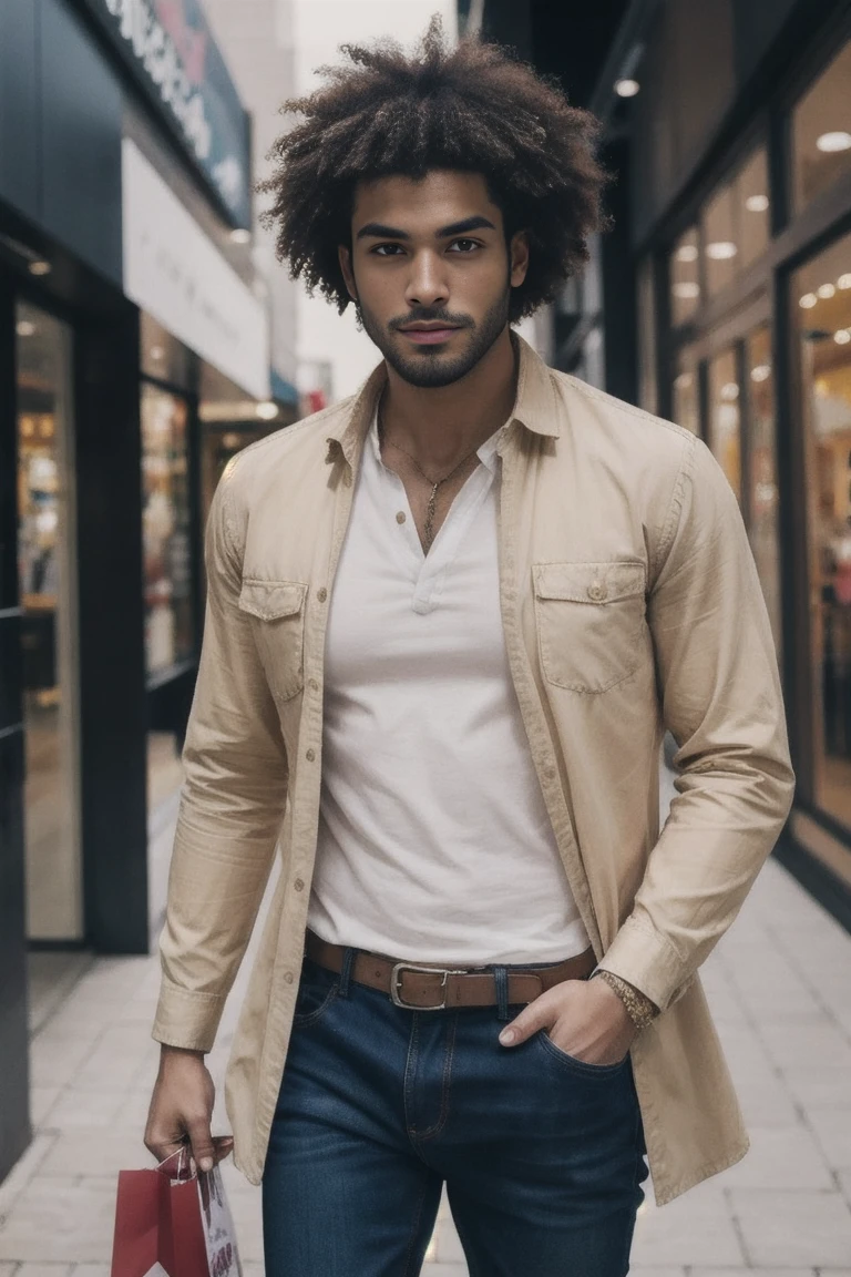 Portrait of handsome men ,shopping center , texturized skin, shiver, afro blonde hair, beige flannel shirt with jeans (erotic pose, sensual face8k hd, dslr, high qualiy , CRU photo, photography realistic