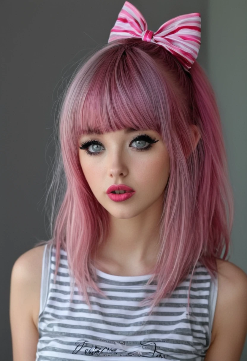 bellissima 1girl, solo, long hair, looking at viewer, bangs, shirt, bow, upper body, pink hair, hair bow, sleeveless, striped, nail polish, lips, head tilt, grey eyes, eyelashes, makeup, lipstick, striped shirt, realistic