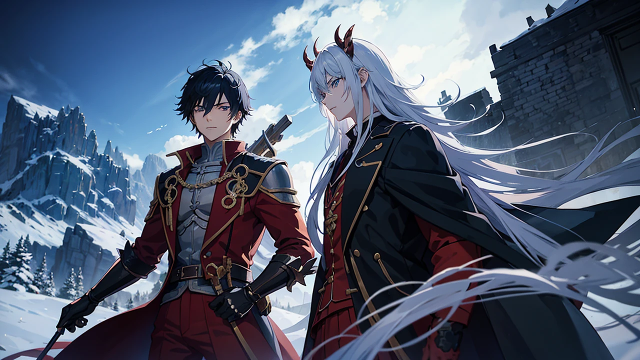 Anime movie poster style, demon slayer, ชายหนุ่มกำลังยืนสั่งการ Skeleton Armyและdragon 1 ตัว, castle tower high perch background, Snow Mountain Background, It's snowing, (white hair:0.8), (Blue Hair:0.7), (short hair:0.4), (focus on young men: 0.8), Zoom lens shot, By Studio UFO,Skeleton Army,dragon(((Masterpiece))), (((best quality))), (Very detailed CG unity 8k wallpaper.)