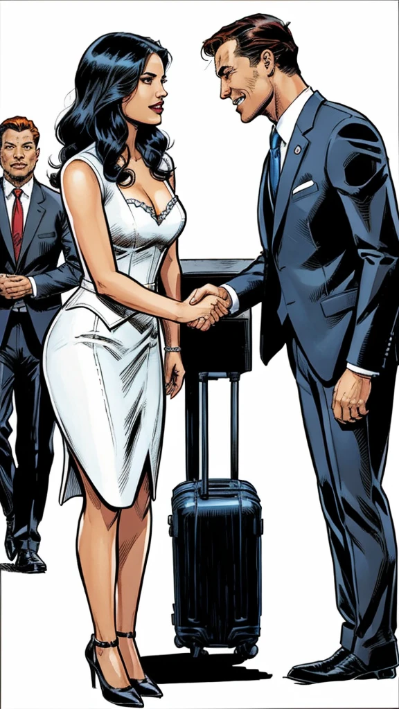 hostess, woman greeting a man in a suit, formal wear, workers greet guests, Marvel Comics Style, comics, White background