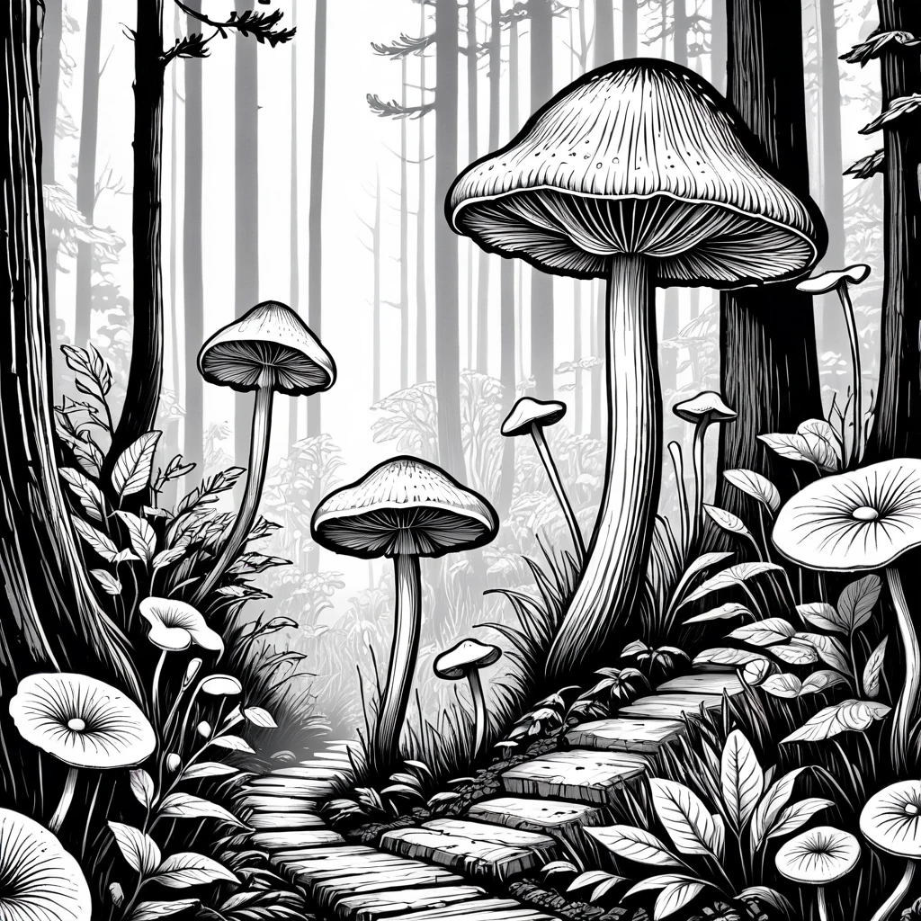 Rare mushrooms growing in the woods. intricate detailed line art, lino type linotype, lines only. White background, clean black lines, high contrast, no color. No close-ups, macro views, or zoomed-in perspectives. Tele-photo. Canon EF 35mm f/1.4L II USM lens.