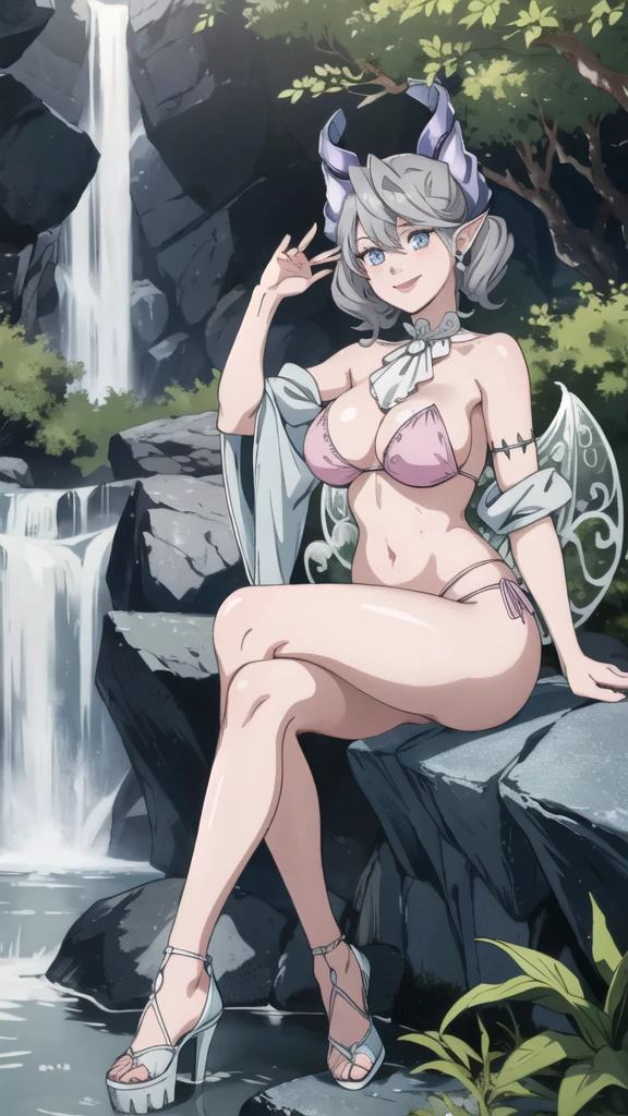 Forest Waterfalls High level image quality best image quality 8K adult woman garden rocks outside more colors whole body view portrait wearing bikini white horn ears short hair((shortcut)(gray hair)(perm)(fluffy)) eye color is blue , , attractive evil face , smile , sexy pose , labrynth , barearm , wearing pink , big wings , sitting , crossed legs