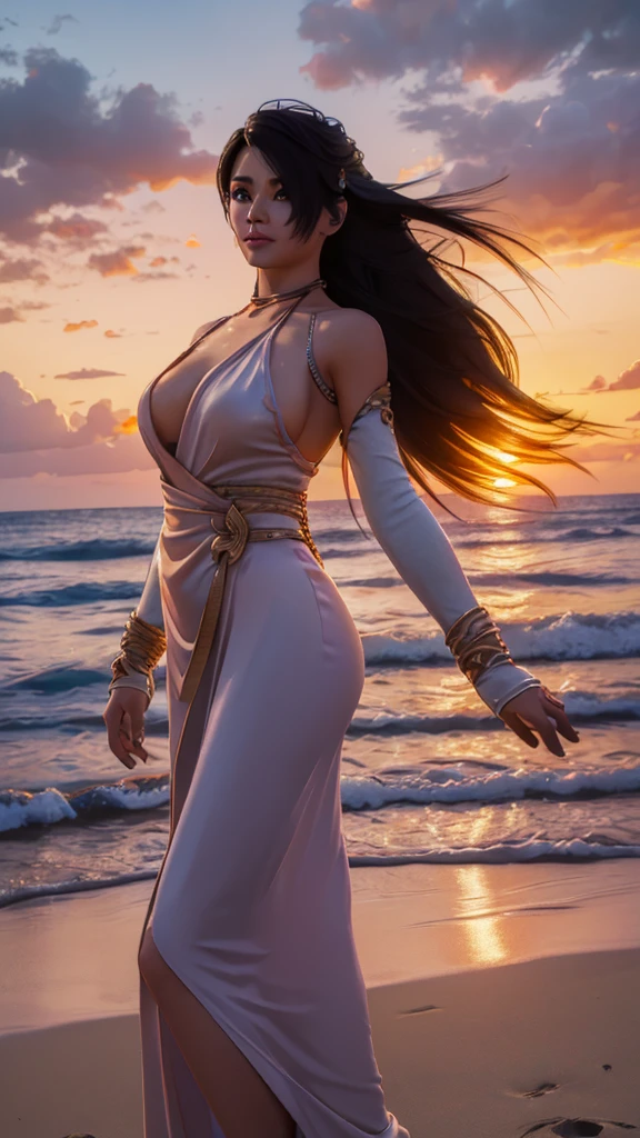 Design a beautiful, detailed digital artwork featuring a young woman with long, flowing hair, standing on a sandy beach during sunset. She is dressed in a light, flowing dress that moves with the wind. The scene captures the vibrant colors of the sunset, with the sky transitioning from warm oranges and pinks to deeper purples and blues. The waves of the ocean are gently rolling in the background. The woman's expression is peaceful as she gazes at the horizon, with the soft, golden light of the setting sun illuminating her face and hair