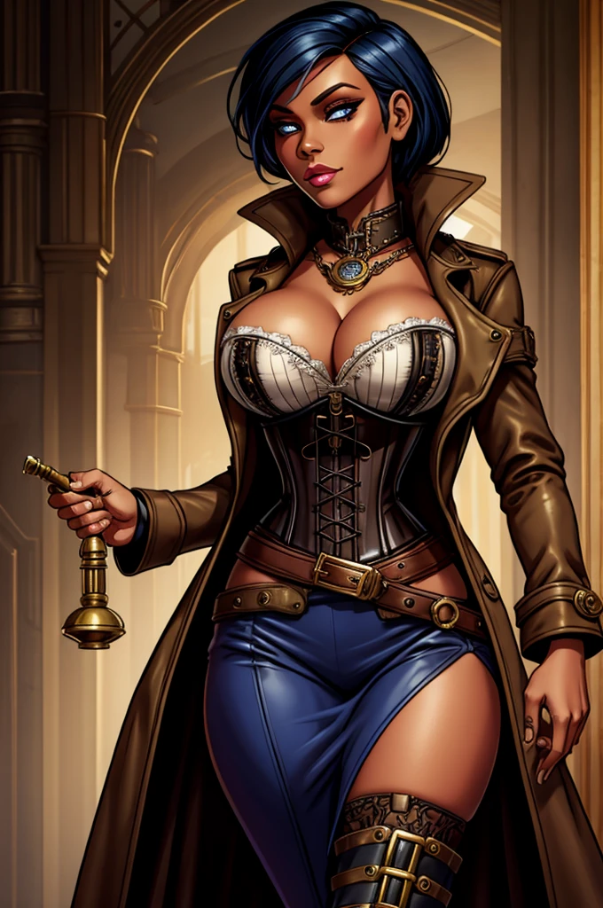 Butch Henchwoman, drow,brass,coat,steampunk,corset,straps
