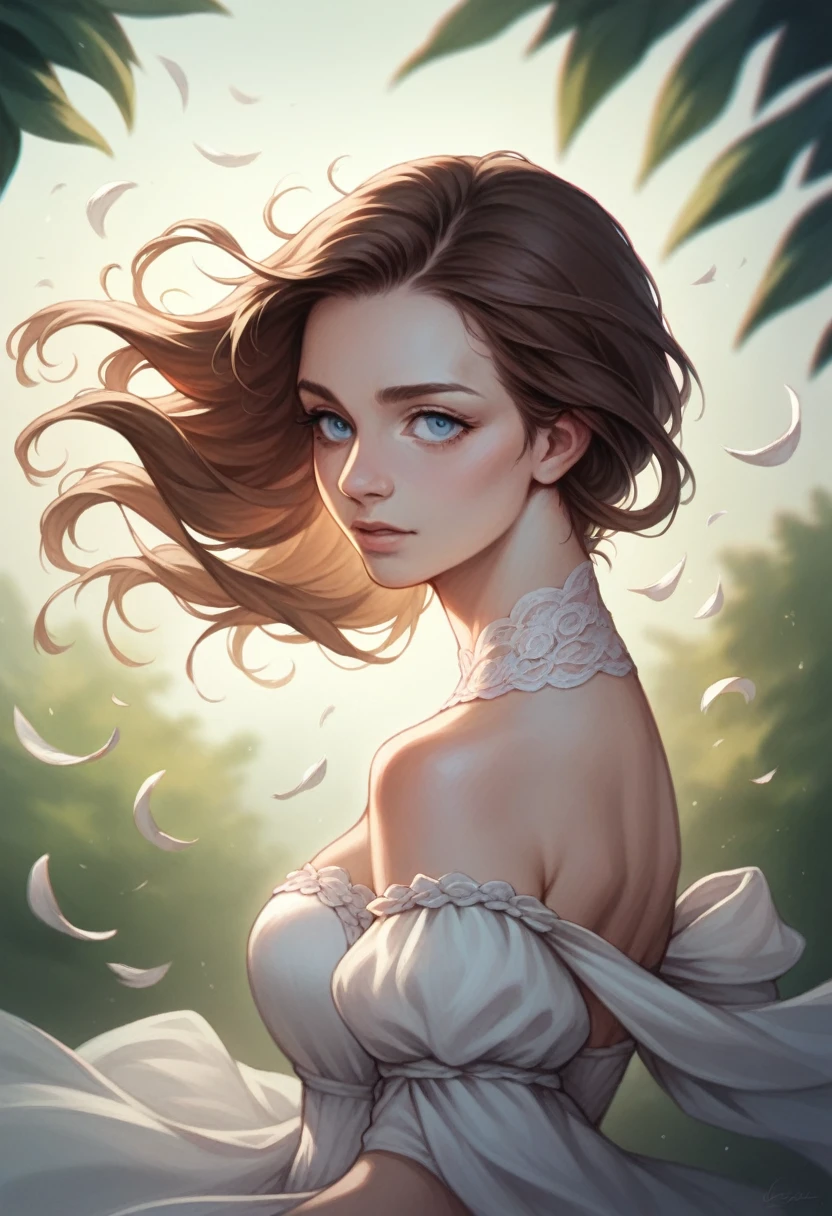 Photorealistic close-up portrait, woman, hair blowing in wind, medium-length wavy chestnut-brown hair, vivid blue eyes, gentle friendly expression, elegant blouse in rich colors, softly blurred background, natural light.