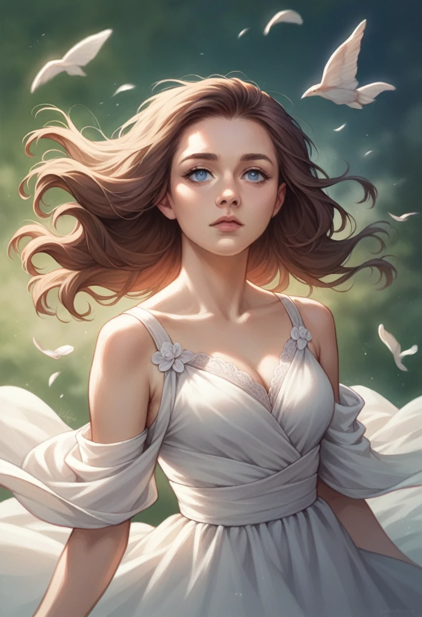 Photorealistic close-up portrait, woman, hair blowing in wind, medium-length wavy chestnut-brown hair, vivid blue eyes, gentle friendly expression, elegant blouse in rich colors, softly blurred background, natural light.