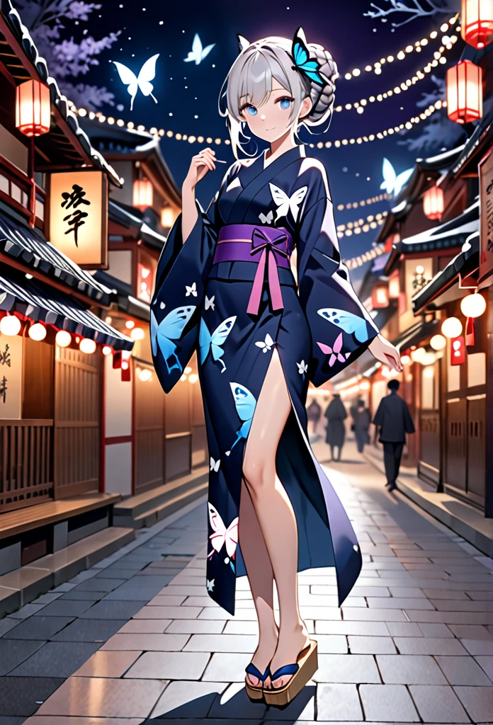 High resolution, masterpiece, accurate, Anatomically correct, Winner of numerous awards, Highest quality, High-resolution model,
One girl, solo,
Silver Hair,Braided bun hair,
Ice Blue Eyes, Butterfly hair accessory, slender, navy blue yukata, Pink butterfly, Purple Belt, geta, Festive night background full body