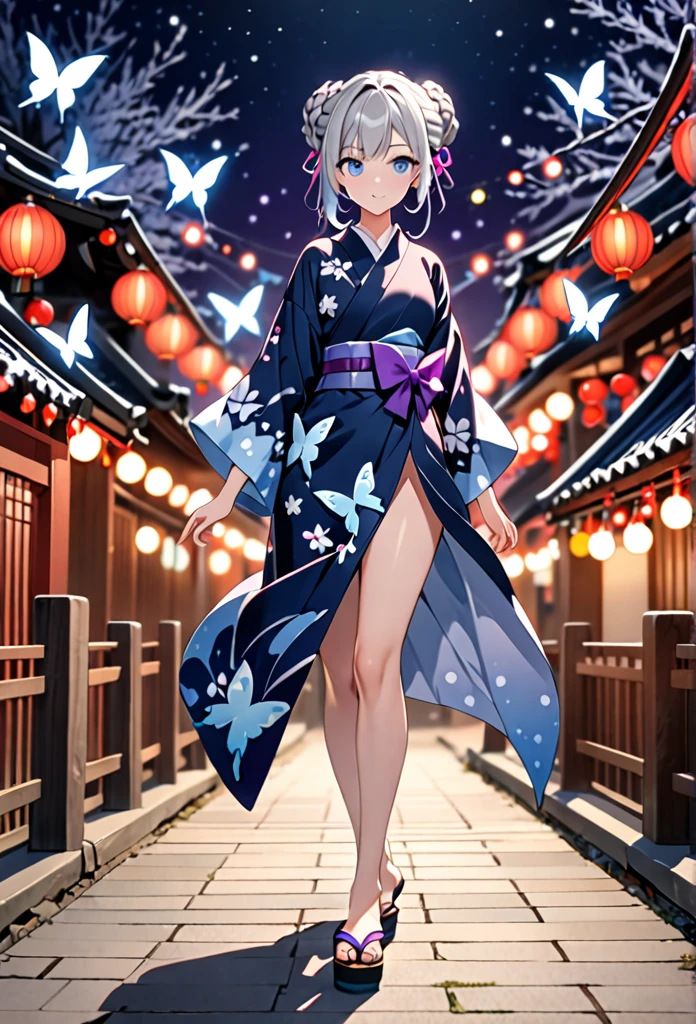High resolution, masterpiece, accurate, Anatomically correct, Winner of numerous awards, Highest quality, High-resolution model, 
One girl, solo, 
Silver Hair，Braided bun hair, 
Ice Blue Eyes, Butterfly hair accessory, slender, navy blue yukata, Pink butterfly, Purple Belt, geta, Festive night background full body