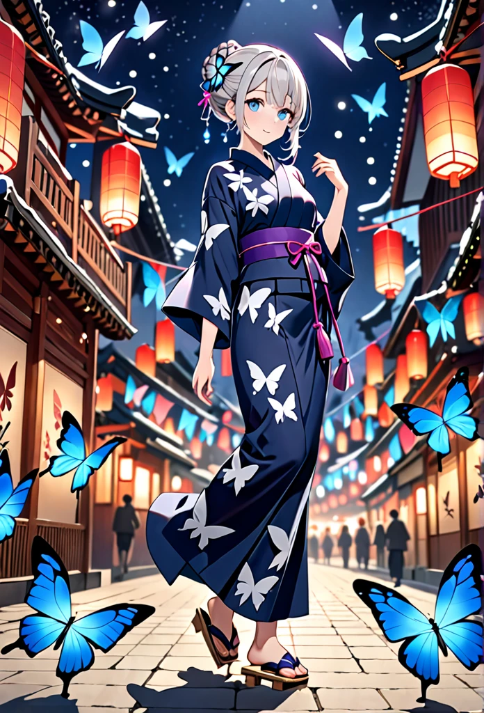 High resolution, masterpiece, accurate, Anatomically correct, Winner of numerous awards, Highest quality, High-resolution model, 
One girl, solo, 
Silver Hair，Braided bun hair, 
Ice Blue Eyes, Butterfly hair accessory, slender, navy blue yukata, Pink butterfly, Purple Belt, geta, Festive night background full body