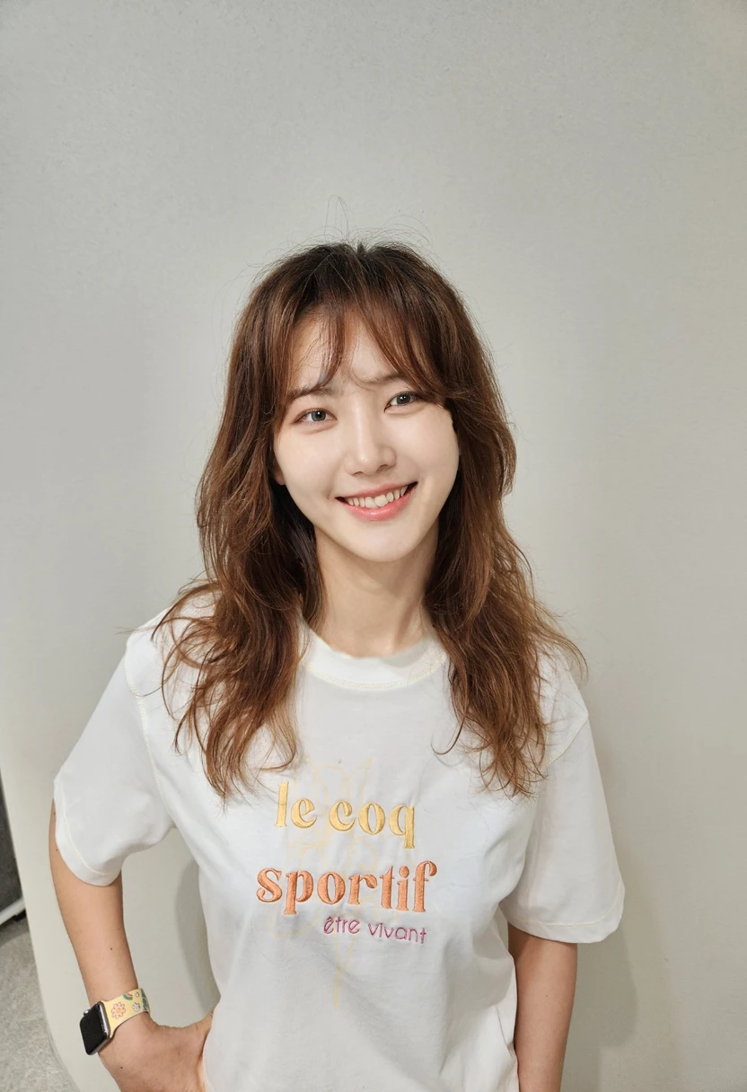 Best Quality, 8k, Masterpiece, (Portrait: 1.3), (photo realistic:1.4), (hyper realistic:1.4), Sharp Focus, looking at viewer, (smoother lighting:1.1), (increase cinematic lighting quality:0.9), realistic lighting, backlighting, light on face, ray trace, (brightening light:1.2), (Increase quality:1.4), sharp detail, (best quality real texture skin:1.4), finely detailed eyes, black_eyes, finely detailed face, 25 year old Korean woman,smiling_face