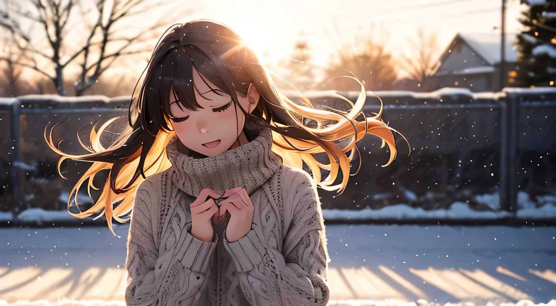 girl, Cozy sweater,music、With upper body, (LOL: 1.1), Sun glare, Bokeh, Depth of written boundary, Blurred Background, Particles of light, Strong winds, (Heart Particles: 1.1)Background snow falling