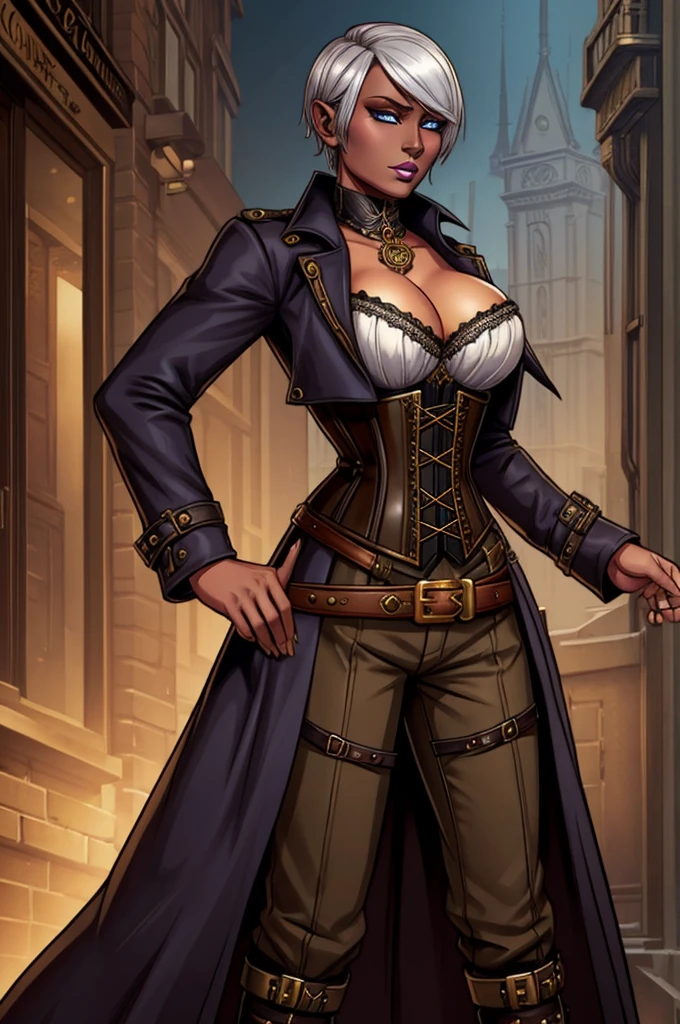 Butch Henchwoman, drow,brass,coat,steampunk,corset,straps