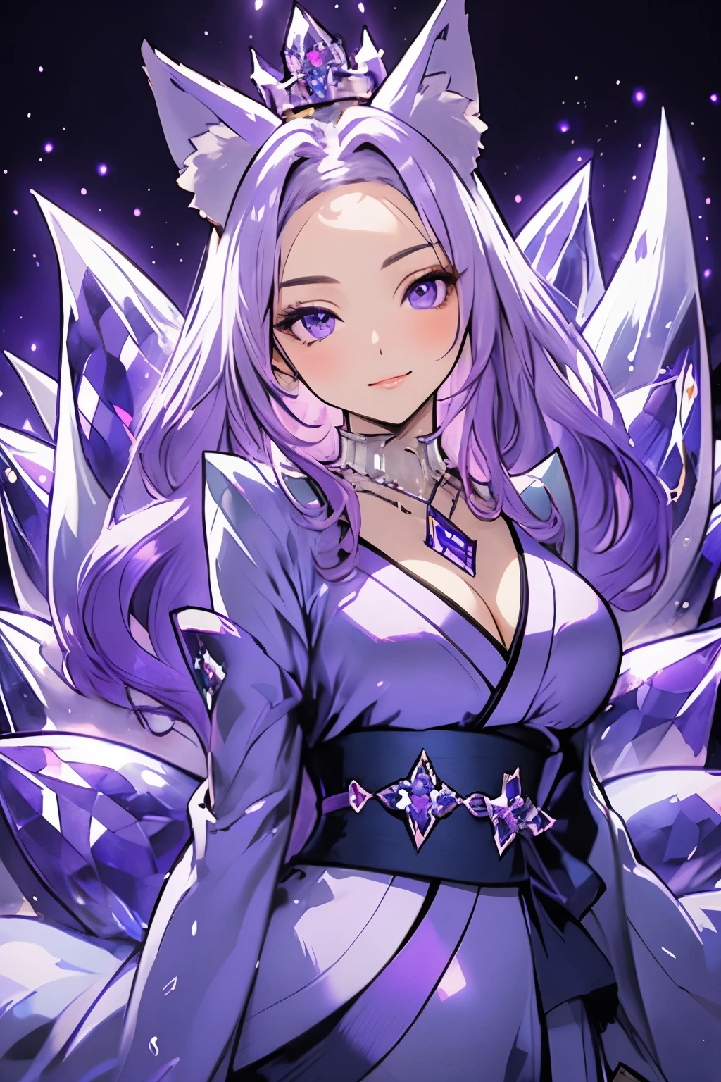 ((best quality)), ((masterpiece)), (detailed), detailed eyes, detailed hands, full-length body image, female humanoid kitsune, wearing a short length kimono, crystal crown on top of her head, light purple hair, light purple fox ears, 2 purple crystal fox tails, 1 crystal eight-pointed star shape on forehead, delicate and beautiful detailing, beautiful face, well-proportioned detailed purple eyes, round detailed purple eyes and makeup, beautiful detailed and clear purple eyes, volume smooth and sharp, long flat bangs, fictional art, best photos, best quality, very beautiful and meticulous eight-pointed crystal star on forehead, delicate, mouth closed smile, not fully smiling