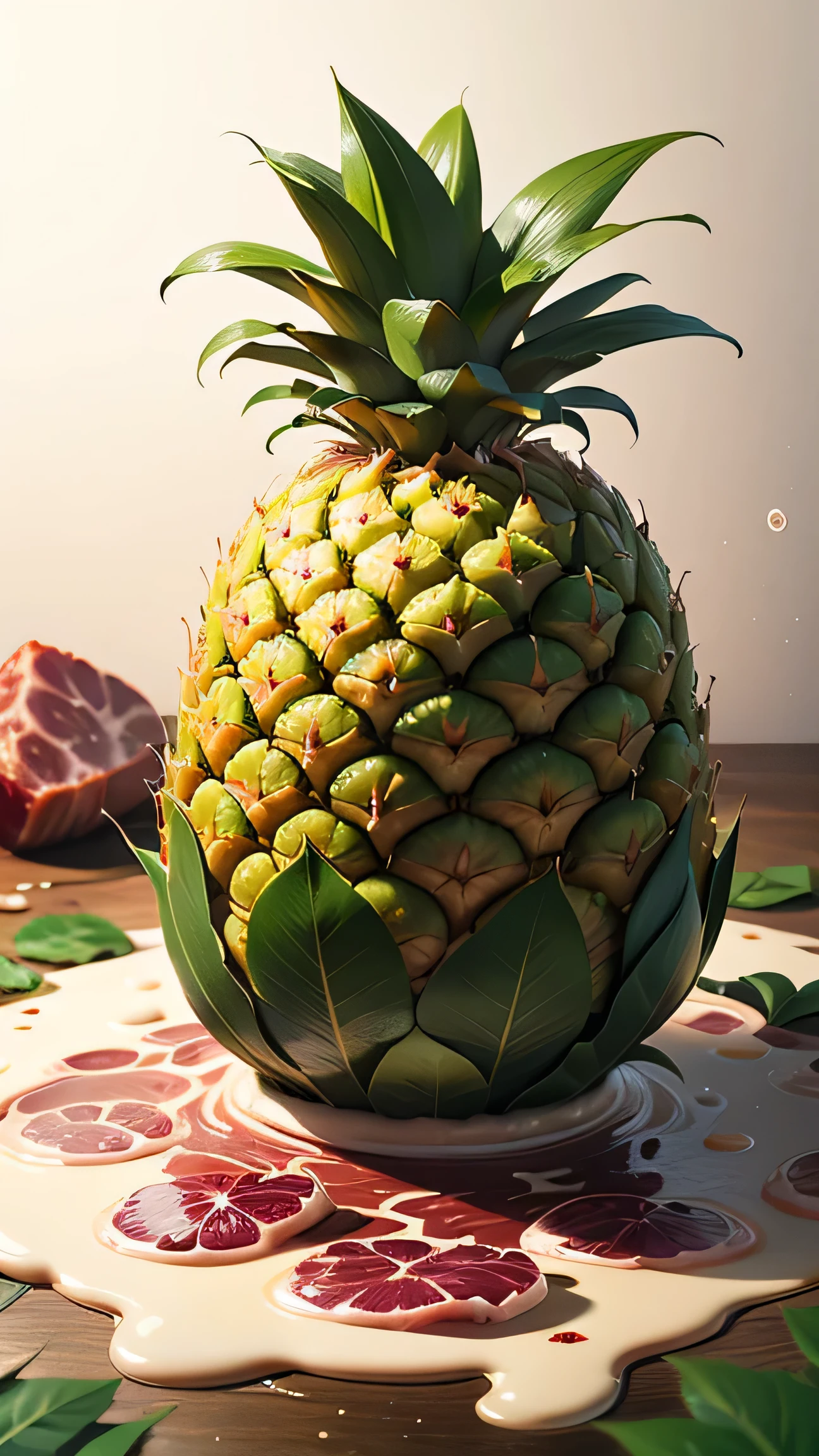 pineapple leaves, splash water, flashing particles , depth of field, clean background, made out of raw-meat, raw-meat
