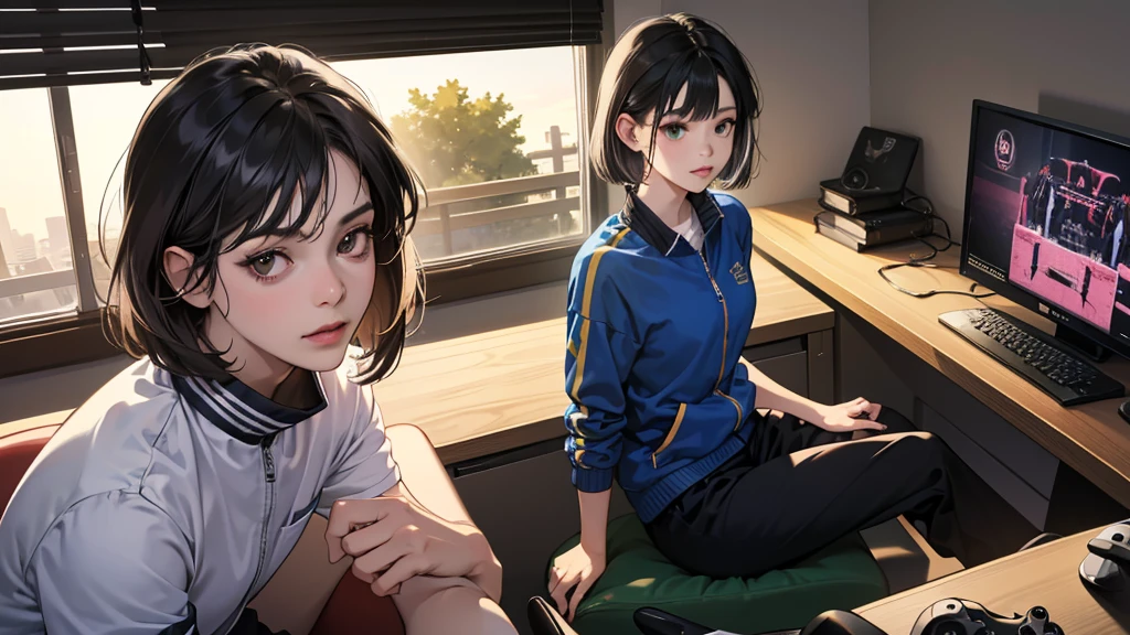 (perfect anatomy:1.2)(absurdres, highres, ultra detailed),masterpiece,best quality,high resolution,8k,Realistic face,Realistic skin texture,magnified textures, stunning clarity,detailed anime girl,(ultra detailed eyes and face),(only 1 girl:1.4)21years old,she is office worker,,black hair, bob cut, No-makeup look,,green school track jacket ,green school track pants,nine inch nails t-thirt,(The chest is visible),11 p.m,sparkling eyes,small nose,roundface,Women's Apartments in japanese suburb,(faint light),(darkness),(midnight),(sitting a gaming chiar:1.4),(happy),