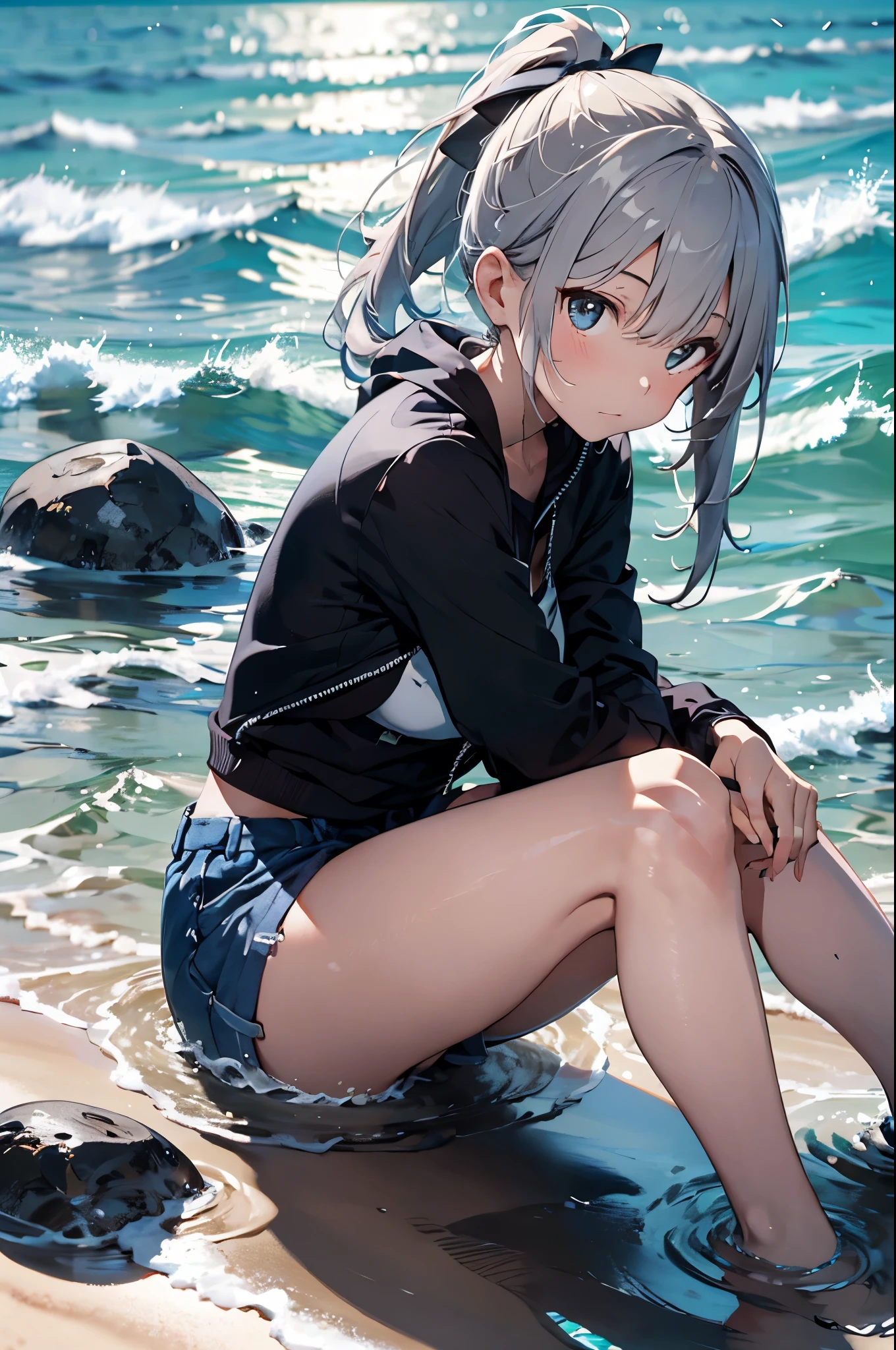 High resolution,
One beautiful young woman,Silver Hair、ponytail、
(Soft Saturation:1.3), (Fair skin:1.2),
(ultra-Detailed Background, Detailed Background), Bokeh,
break&#39;Portrait of a smiling girl.,
When viewed from the front, The composition is symmetrical,
Looking straight at you with serious eyes,
break Swimwea、, Center of chest, Full body outdoors, Sea surface, null, sunlight,Summer beach, Sandy Beach,
Strong light, Front lighting, 
(Teen:1.3), (Cowboy Shot:1.2),
Front brake angle,
View your viewers,
Dynamic pose,
sitting on the beach

Seaweed、Seaweed、Seaweed、Seaweed、Seaweed、Seaweed、Seaweed、