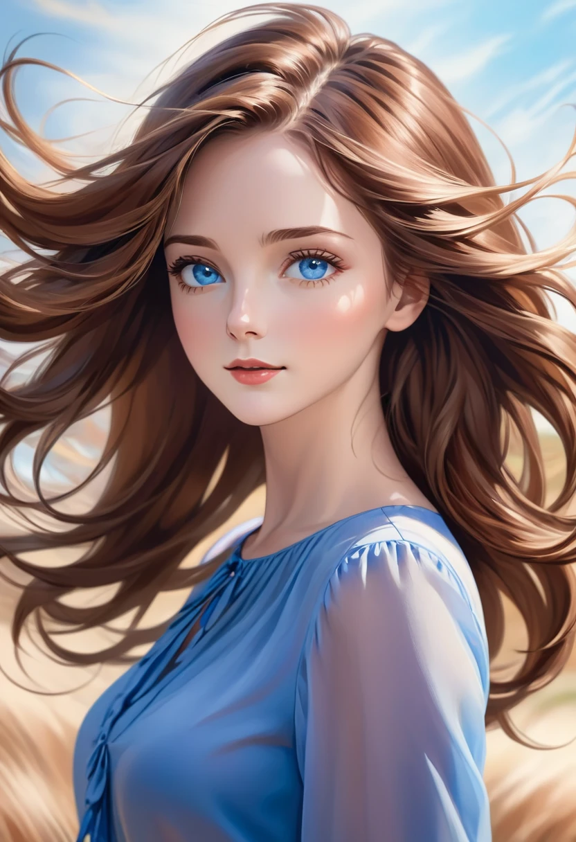 Photorealistic close-up portrait, woman, hair blowing in wind, medium-length wavy chestnut-brown hair, vivid blue eyes, gentle friendly expression, elegant blouse in rich colors, softly blurred background, natural light.
