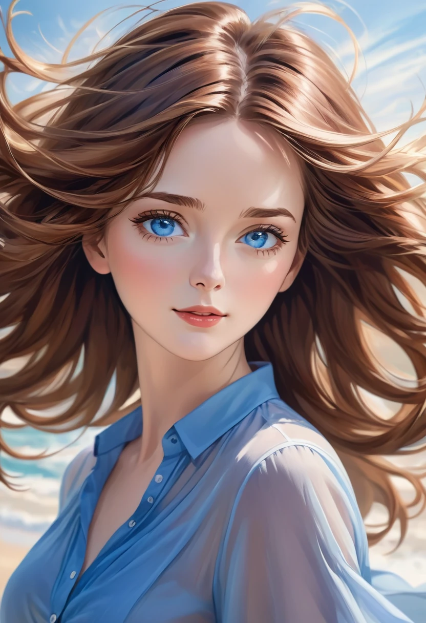Photorealistic close-up portrait, woman, hair blowing in wind, medium-length wavy chestnut-brown hair, vivid blue eyes, gentle friendly expression, elegant blouse in rich colors, softly blurred background, natural light.