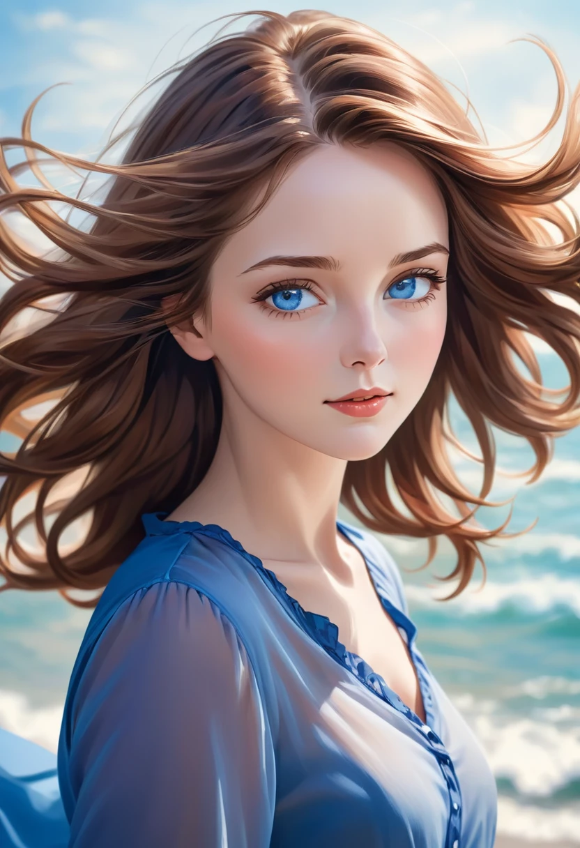 Photorealistic close-up portrait, woman, hair blowing in wind, medium-length wavy chestnut-brown hair, vivid blue eyes, gentle friendly expression, elegant blouse in rich colors, softly blurred background, natural light.
