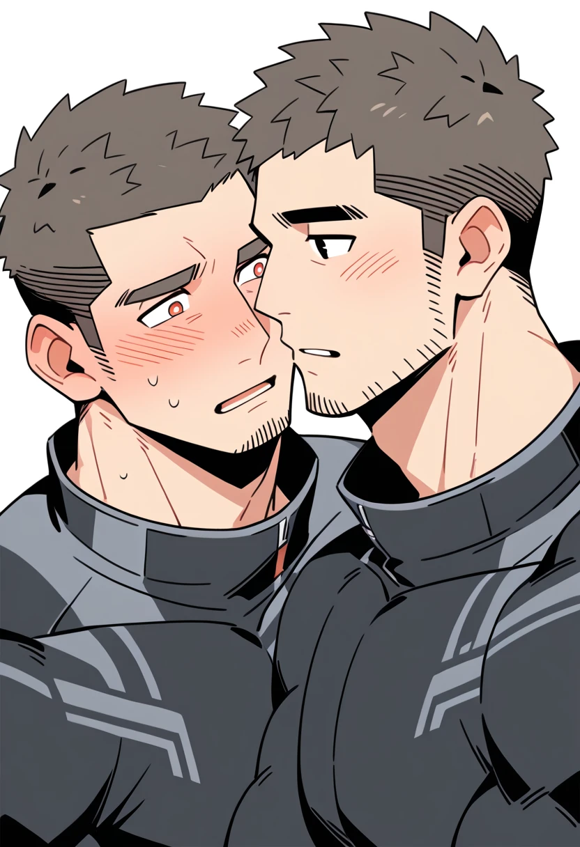 anime characters:Gyee Priapus, Muscle Sports Student, Buzz Cut, Manliness, male focus, Compression bodysuit, Yellow and black high collar long sleeve tight diving suit, Very tight, Regular symmetrical pattern, full and perky chest muscles, muscular male, muscular, only, Upper body, alone, Red short hair, Thick eyebrows, stubble, Brown-red pupils, White background, simple background, amazing quality, best aesthetics, Ridiculous, crew cut, parted lips, flustered, endured face, shy, blush, negative space, negative space, best quality