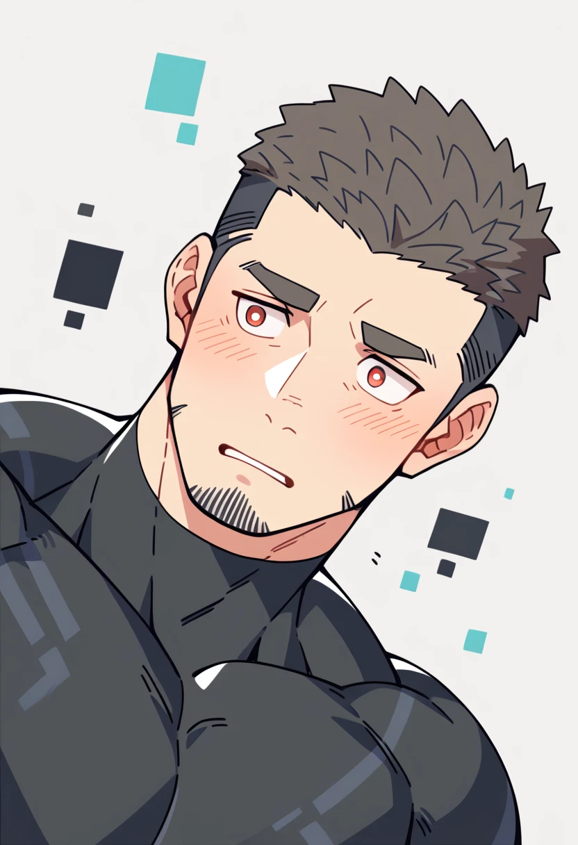 anime characters：Gyee Priapus, Muscle Sports Student, Buzz Cut, Manliness, male focus, Compression bodysuit, Yellow and black high collar long sleeve tight diving suit, Very tight, Regular symmetrical pattern, full and perky chest muscles, muscular male, muscular, only, Upper body, alone, Red short hair, Thick eyebrows, stubble, Brown-red pupils, White background, simple background, amazing quality, best aesthetics, Ridiculous, crew cut, parted lips, flustered, endured face, shy, blush, negative space, negative space, best quality