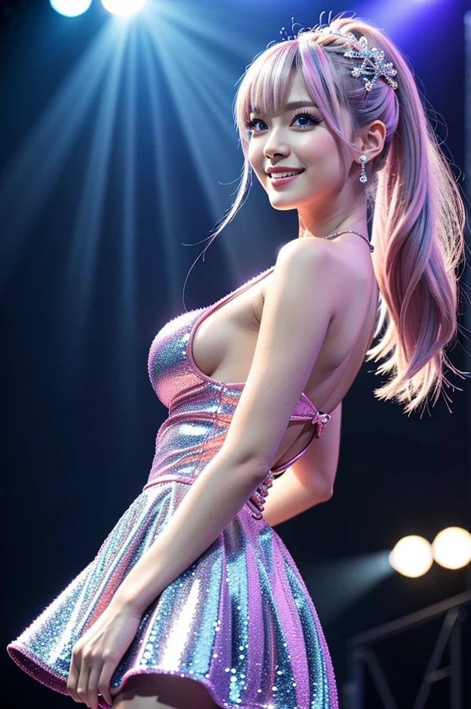 (Highest quality, Very detailed, Realistic:1.37), Silver-haired woman, Browsing Caution, concert stage, (A diva stands on stage and is about to sing.), (Large Breasts:1.0), Amazing blue eyes, (Big smile), Soft lighting, shape, bangs, Flowing Hair, Wind, (Shiny pink Hair:1.2), Gradient Hair, Folded straight ponytail, blue halo, Glowing Eyes, Big eyes, colorful stage dress:1.2, Sparkling Romance, Dynamic posing for the audience:1.2 , Anime Style, shadowing, Backlight, macro photo, close, First Person View, Hyper HD, Attention to detail, Highest quality, (Large castle fountain park outdoors in the background )
