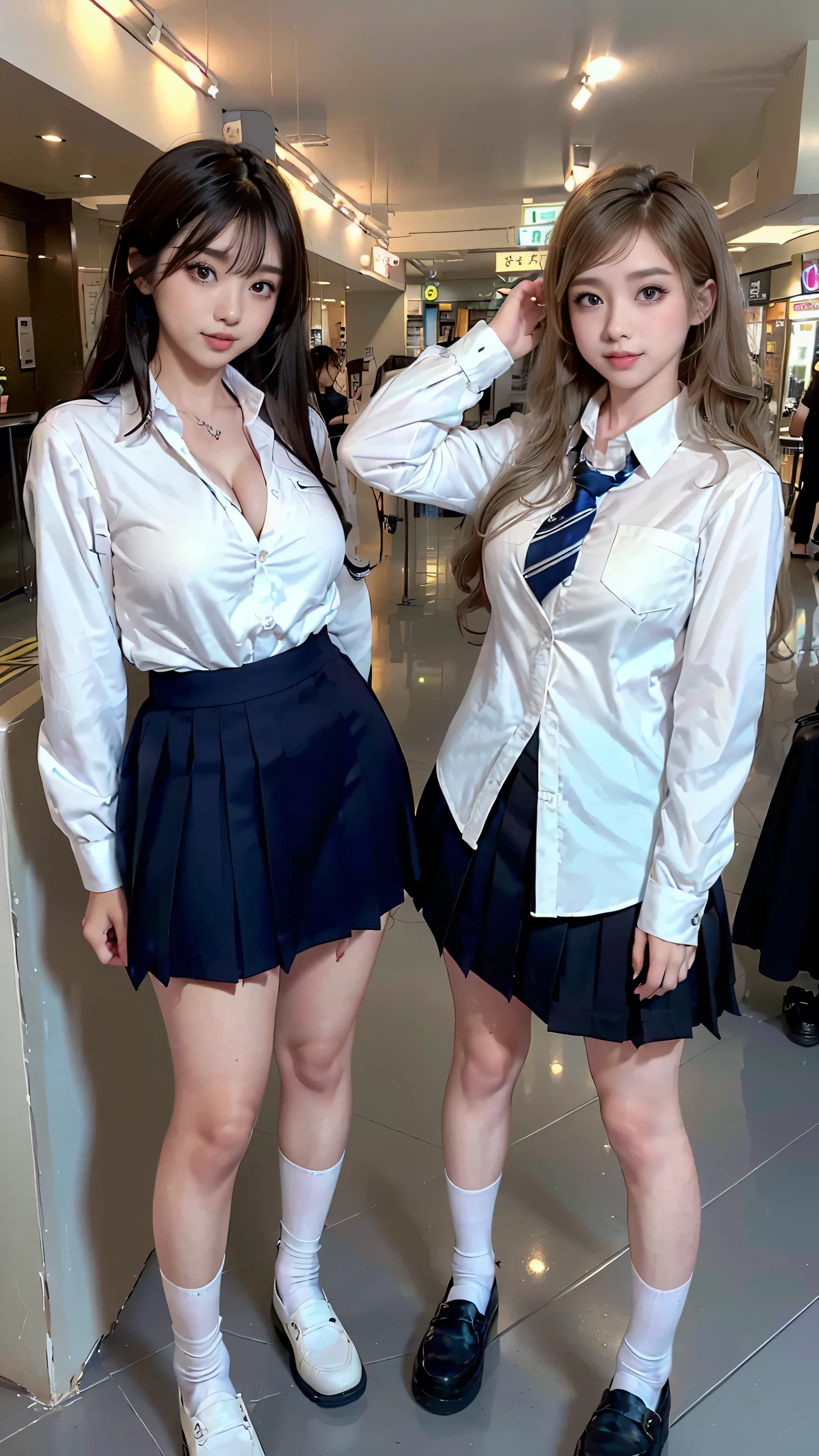 (scene; (Two women:1.8)), A gal of about the same height, (Two high school girls), (Shopping mall, Shopping Street, street, Outdoor), Full body portrait, Photograph the whole body, Are standing, (Tall, Thin thighs, Elongated arms and legs, Small waist, Small hips), ((Highly detailed skin), Beautiful realistic face, White skin, Pointed Chest, Perfect Anatomy, Realistic eyes, Natural Eyes, Brown eyes, Accurate eye focus, Accurate limbs), (Hyper Realist, ultra-realistic, 4K, Attention to detail, Ultra-high resolution, Highest quality, masterpiece, Presence, dynamic, Uplifting, bold, Sharpness), (Big Breasts:1.5), (Cleavage:1.5), (Blonde long hair:1.5, loose wavy long hair:1.5, Loose curly hair:1.5), (sleek bangs), (Twin tail hair), ((White collared shirt, Navy pleated mini skirt, Navy colored socks, Black loafers, Ribbon tie)), High school girl in uniform, Surreal high school girl, tall, High school girls in uniform, smile, Emphasis on Cleavage, (Are standingTwo high school girls:1.8),