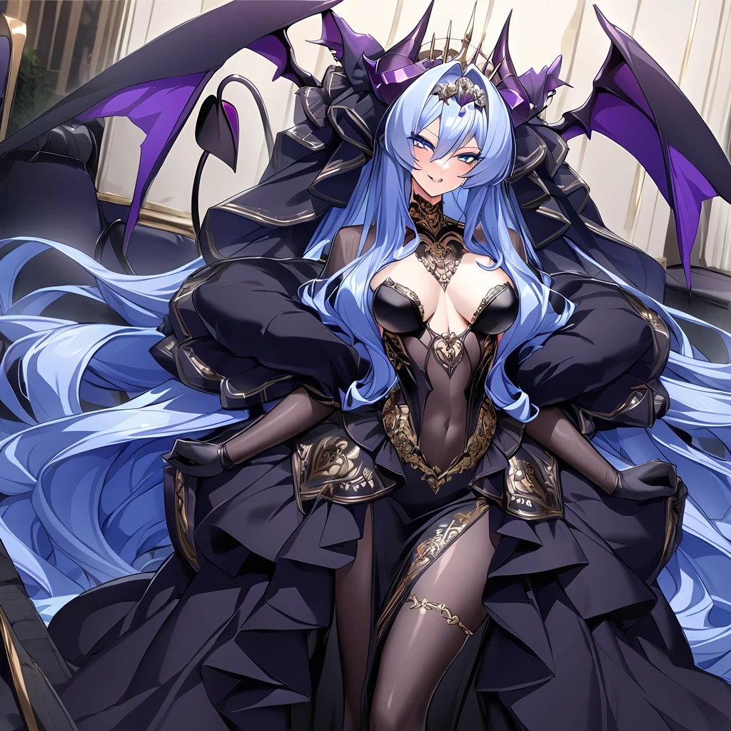 ((Highest quality)), ((masterpiece)), (detailed), （Perfect Face）、The woman is a beautiful, jet-black female demon, the queen of evil, Devil Extia, with medium-long blue hair, wearing a luxurious black wedding dress with gold embroidery and trim, a black wedding veil, an engagement ring, and luxurious accessories. She is an elegant, beautiful female demon, the queen of evil.、A great demon with jet black skin, evil devil horns, devil wings and a devil tail.