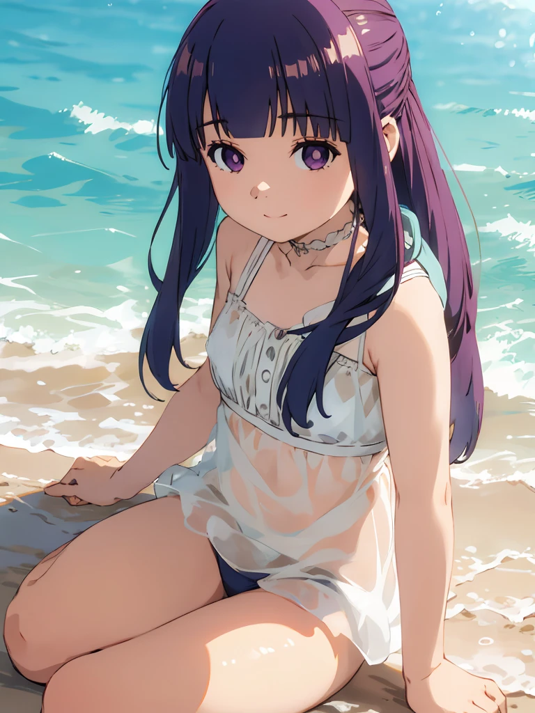 Cute ,long purple hair,Leaky shoulders,Barefoot,head looking up,giant breasts, deep cleavage, Lie on the ground,Raise your feet,See-through dresses,White underwear panties,largeeyes,Anime cute face,Lolig white socks,Wet da,huge tit,Tethered,Eyes are confused,Very wide open mouth,Leaky shade by the sea