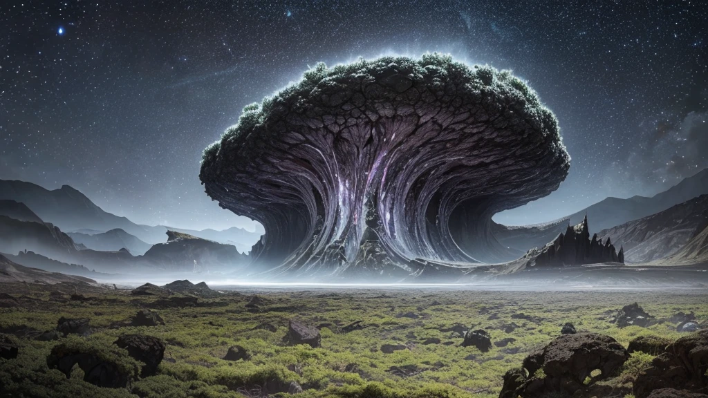 cosmic horror scene on an uninhabited planet unlike anything ever seen, vast vegetation and complex that resembles tentacles, rocks everywhere (large and small), dark gray sky, heavy clouds, mountains in the distance.