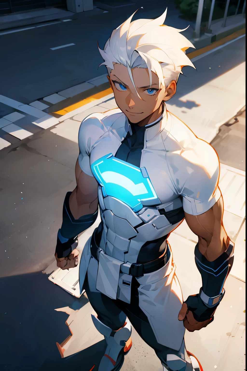 1male , Dark Skin , white hair , Pale Blue Eyes , Smiling Expression , Modern Undercut Hair , Standing on sidewalk , Adult Male , Curly Hair , White Compression Shirt , Fingerless Gloves , Superhero