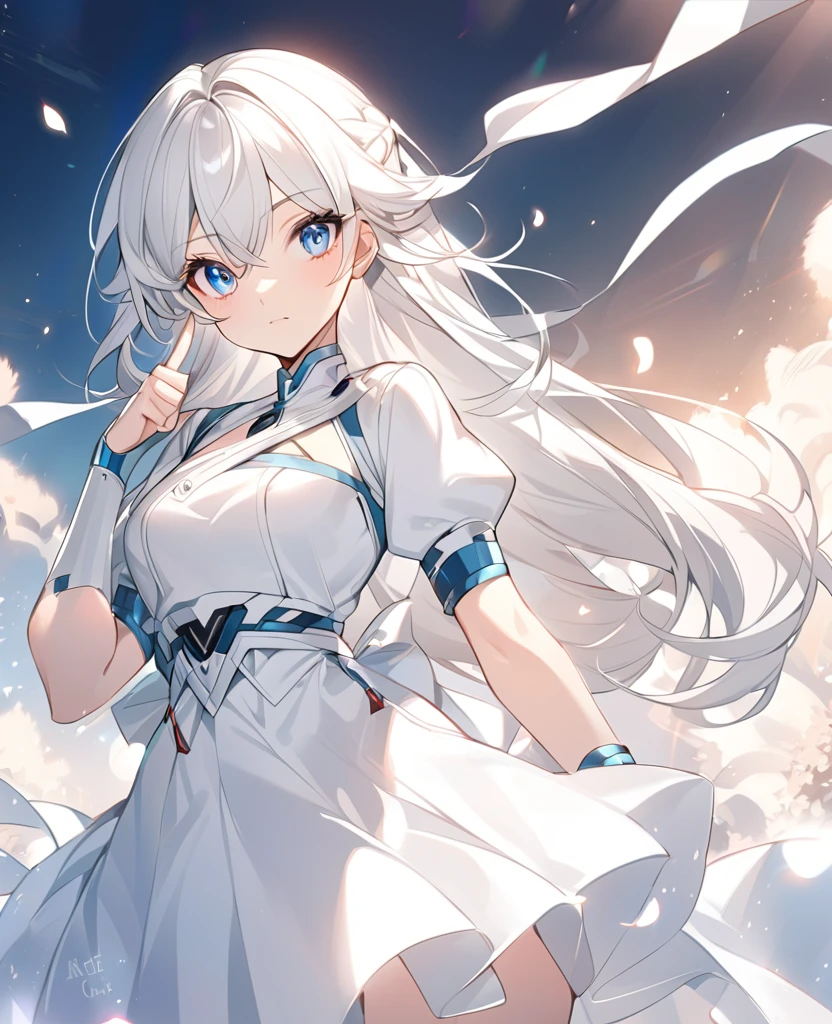 anime girl in a white dress with a blue eye, with index finger, kantai collection style, girl with white hair, in white clothes, perfect android girl, (anime girl), white haired, white haired lady, perfect white haired girl, cute anime girl, an anime girl, attractive anime girl, white cat girl, anime waifu, anime girl