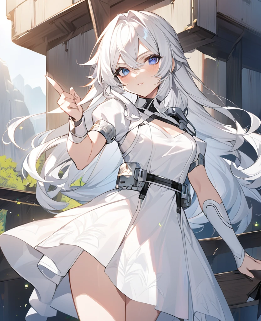 anime girl in a white dress with a blue eye, with index finger, kantai collection style, girl with white hair, in white clothes, perfect android girl, (anime girl), white haired, white haired lady, perfect white haired girl, cute anime girl, an anime girl, attractive anime girl, white cat girl, anime waifu, anime girl