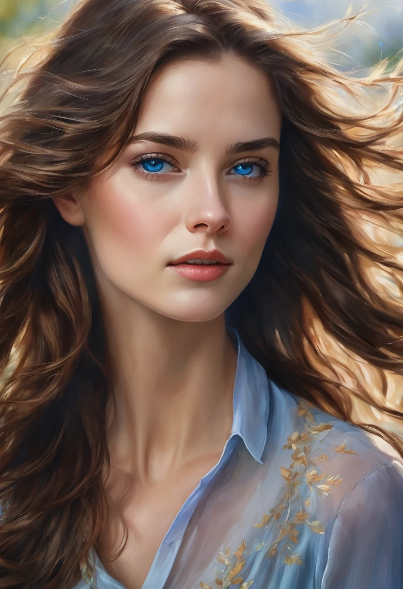 Photorealistic close-up portrait, woman, hair blowing in wind, medium-length wavy chestnut-brown hair, vivid blue eyes, gentle friendly expression, elegant blouse in rich colors, softly blurred background, natural light.
