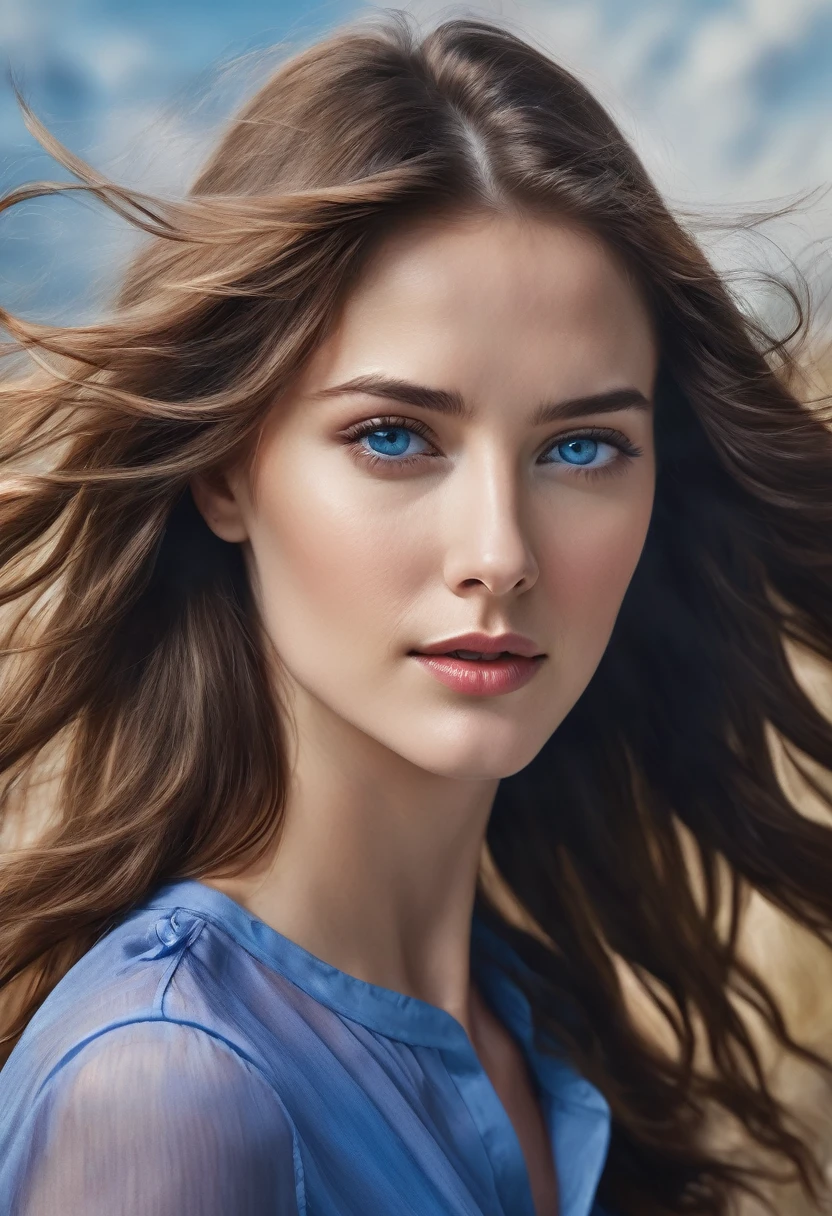 Photorealistic close-up portrait, woman, hair blowing in wind, medium-length wavy chestnut-brown hair, vivid blue eyes, gentle friendly expression, elegant blouse in rich colors, softly blurred background, natural light.
