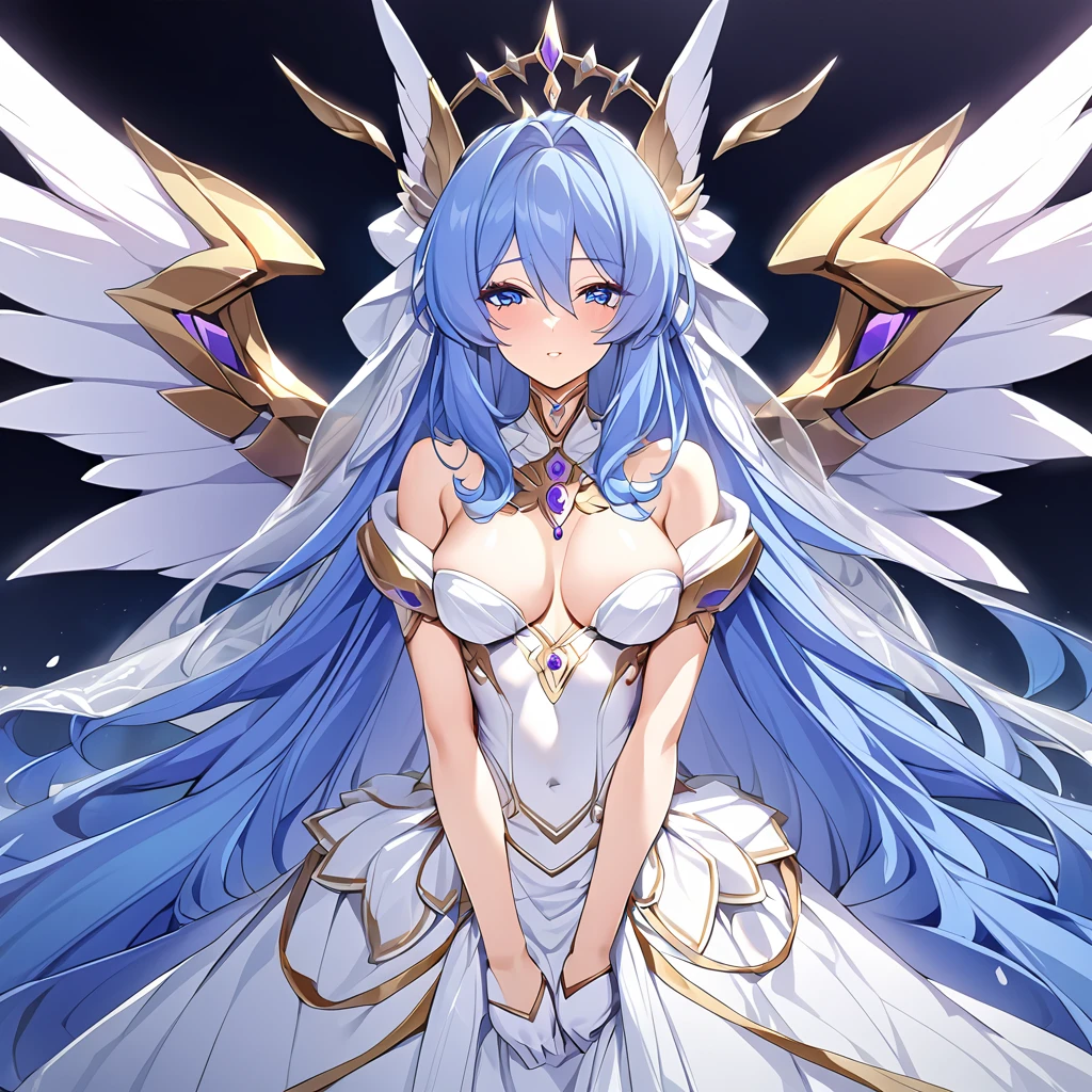 ((Highest quality)), ((masterpiece)), (detailed), （Perfect Face）、Women are messengers of God and great angels.６Archangel and goddess Extia with wings and a shining halo above her head.、The woman is the beautiful Queen of the Gods, Goddess Extia, with medium-long blue hair. She is wearing a gorgeous white wedding dress with gold embroidery and trim, a white wedding veil, an engagement ring, and gorgeous accessories. She is an elegant goddess and a beautiful queen of the gods.