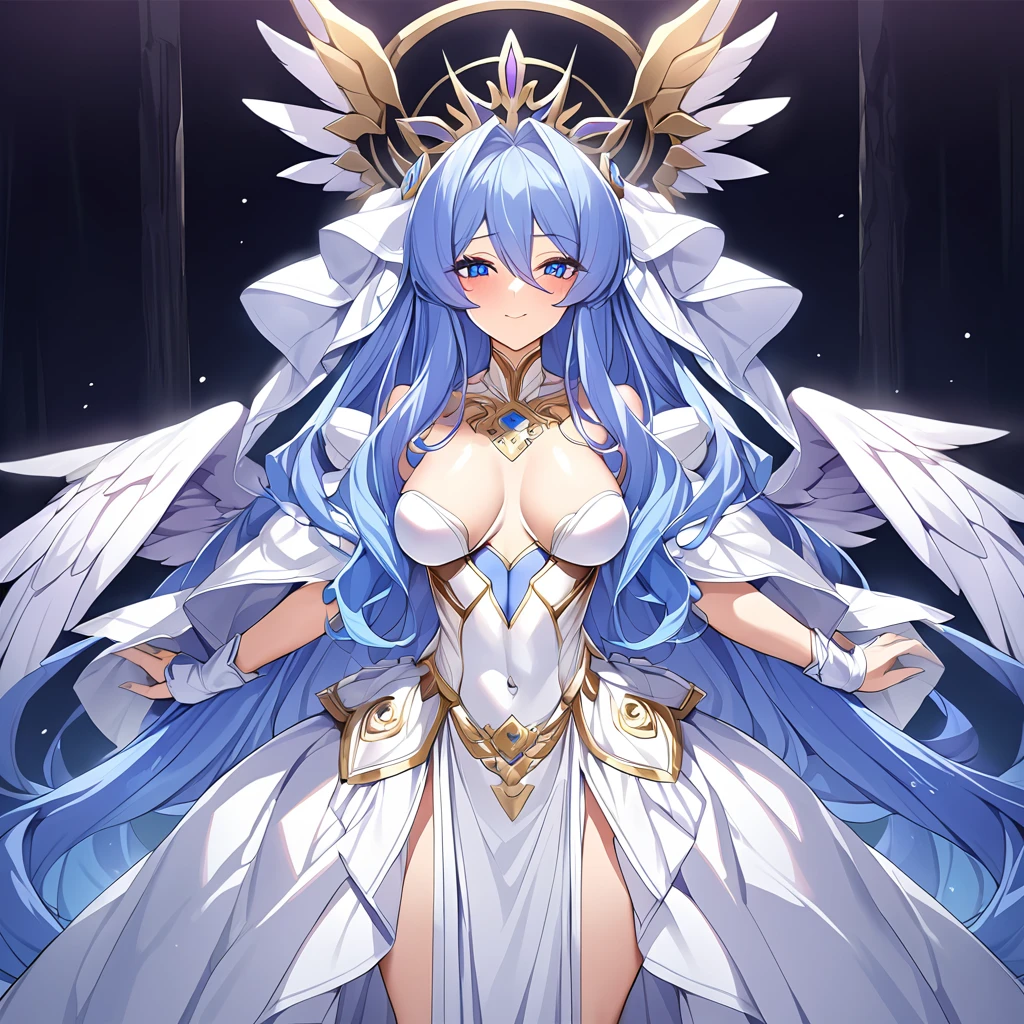 ((Highest quality)), ((masterpiece)), (detailed), （Perfect Face）、Women are messengers of God and great angels.６Archangel and goddess Extia with wings and a shining halo above her head.、The woman is the beautiful Queen of the Gods, Goddess Extia, with medium-long blue hair. She is wearing a gorgeous white wedding dress with gold embroidery and trim, a white wedding veil, an engagement ring, and gorgeous accessories. She is an elegant goddess and a beautiful queen of the gods.