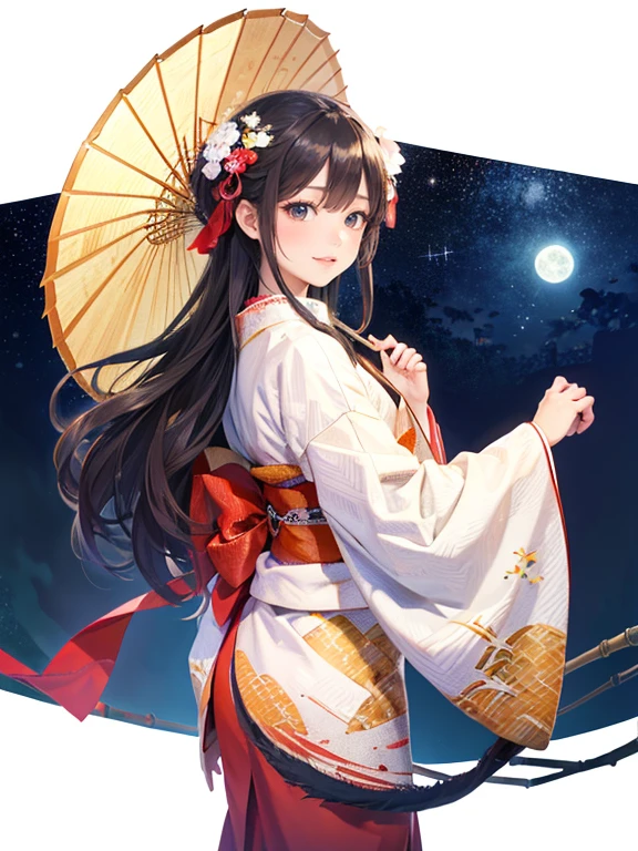 (Highest quality、 8k wallpaper、masterpiece、High resolution)、Vibrant colors、The Tale of the Bamboo Cutter、The Tale of Princess Kaguya、Elegant and beautiful woman with long black hair、A kind look、Smile on the lips、Traditional costumes of Japan、12 Single layer costume、whole body、Detailed Background、(Moso bamboo, starry sky and full moon)、Detailed digital art、