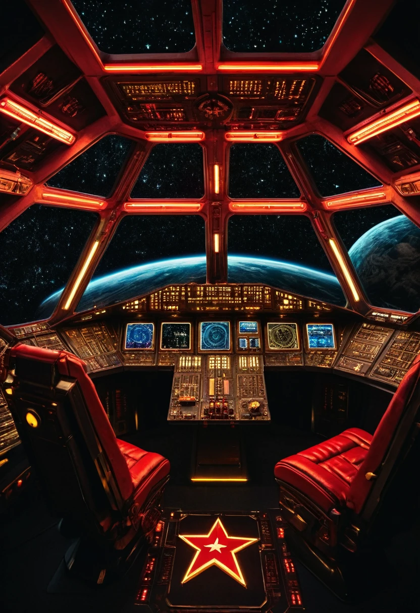 (masterpiece),(highest quality), highres, (extremely detailed), (best lighting) View from drivers seat, Spaceship cockpit, spaceship controls, Gold Soviet Red Star, Goldleaf Soviet memorabilia, communist aesthetic, black outer space background though the window, black starry background, Symmetrical environment, spaceship bridge, realistic, crisp image quality, neon lights, sovietpunkai