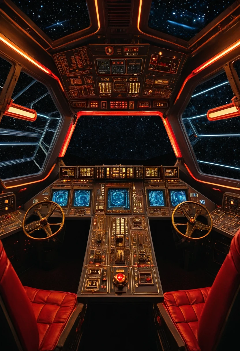 (masterpiece),(highest quality), highres, (extremely detailed), (best lighting) View from drivers seat, Spaceship cockpit, spaceship controls, Gold Soviet Red Star, Goldleaf Soviet memorabilia, communist aesthetic, black outer space background though the window, black starry background, Symmetrical environment, spaceship bridge, realistic, crisp image quality, neon lights, sovietpunkai