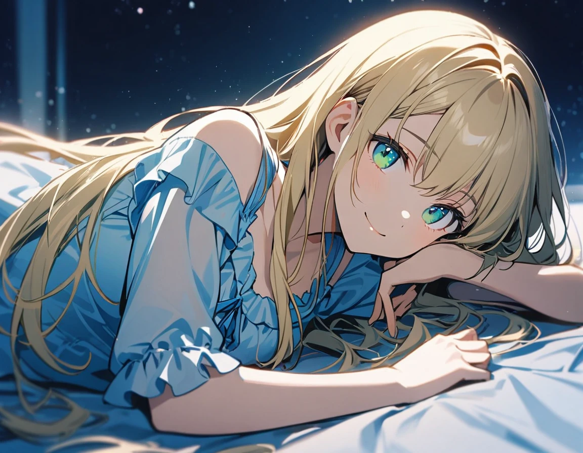 1girl,blonde hair,straight long hair,emeraldgreen eyes,medium breasts,smile,upper body,Sleepdress,lying on bed,laying on one side,side view,looking at viewer,upper body,midnight,blue theme