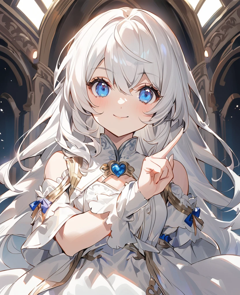 anime girl in a white dress with a blue eye, an anime drawing by Shitao, pixiv, rococo, with index finger, kantai collection style, girl with white hair, in white clothes, perfect android girl, (anime girl), white haired, perfect white haired girl, white haired lady, cute anime girl, attractive anime girl, an anime girl