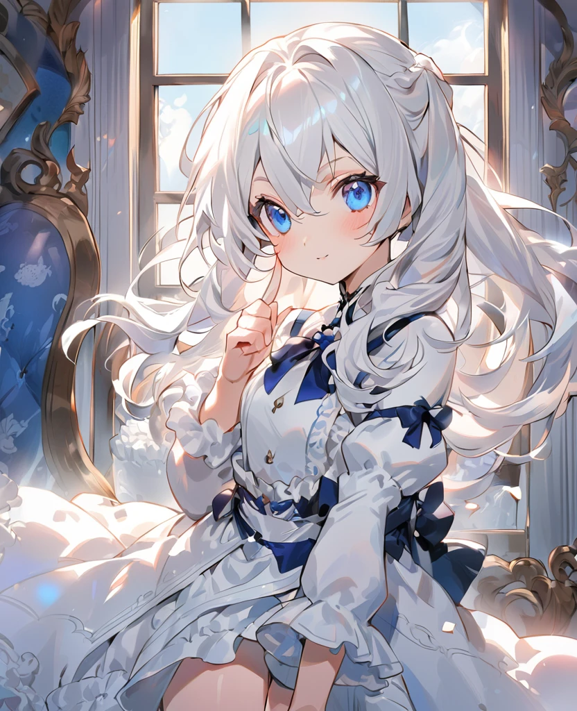 anime girl in a white dress with a blue eye, an anime drawing by Shitao, pixiv, rococo, with index finger, kantai collection style, girl with white hair, in white clothes, perfect android girl, (anime girl), white haired, perfect white haired girl, white haired lady, cute anime girl, attractive anime girl, an anime girl