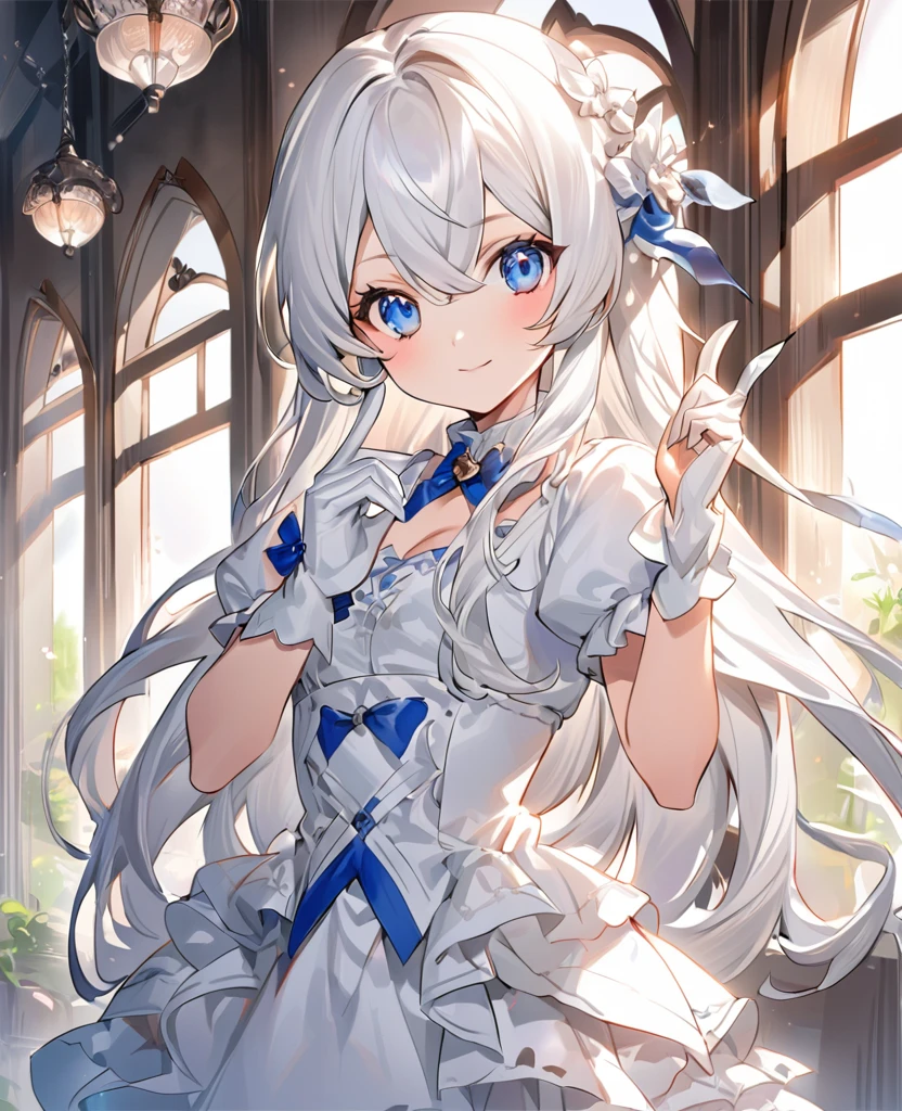 anime girl in a white dress with a blue eye, an anime drawing by Shitao, pixiv, rococo, with index finger, kantai collection style, girl with white hair, in white clothes, perfect android girl, (anime girl), white haired, perfect white haired girl, white haired lady, cute anime girl, attractive anime girl, an anime girl