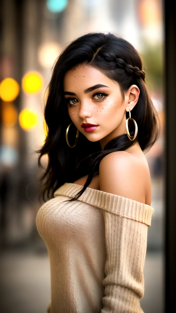 masterpiece,best quality, realistic illustration, style of Philip Lorca diCorcia, girl aged 18yo, 1girl, solo, black long hair, large braid, olive eyes, light freckles, toned body, large breasts, dark skin, dark makeup, wearing an off the shoulder sweater, cropped, hoop earrings, perfect lips, posing for the camera, pretty face, vignette, realistic features, highly detailed body, high budget, bokeh, cinemascope, moody, epic, gorgeous, whole body photo, film grain, grainy